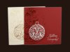 Karácsonyi képeslap - 135x135 mm - oldalra nyitható - krém színű papíron arany és krém fólianyomással - bordó színű papíron piros és ezüst fólianyomással - domborítva