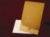 Esküvői meghívó - 100x160 mm - felfelé nyitható - arany színű borító, krém színű fólianyomással, formastancolással, domborítással - arany színű egylapos pausz betétlap