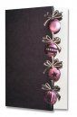 Karácsonyi üdvözlőlap - 100x150 mm - oldalra nyitható - lila karton borító, formastancolással - rózsaszín-kék díszítéssel, domborítással - betétlapos
