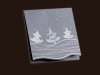 Karácsonyi üdvözlőlap - 130x130 mm - felfelé nyitható -  ezüst gyöngyházfényű karton - világoskék és ezüst díszítéssel, domborítással - hullámos stancolással
