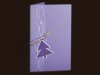 Karácsonyi üdvözlőlap - 100x155 mm - oldalra nyitható -  lila színű gyöngyházfényű karton - ezüst és lila díszítéssel - ezüst szaténszalaggal