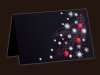   Karácsonyi üdvözlőlap - 155x100 mm - felfelé nyitható - fekete matt karton - ezüst-piros-fekete díszítéssel, domborítással  