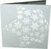  Karácsonyi képeslap - 135x135 mm - oldalra nyitható - ezüst színű csillogó karton, ezüstözött hópelyhekkel, domborított évszámmal - fehér színű betétlappal