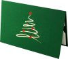  Karácsonyi képeslap - 155x100 mm - felfelé nyitható - zöld karton, több nyelvű domborított üdvözlőszöveggel, prégelt arany és piros karácsonyfával - beige színű betétlappal
