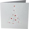  Karácsonyi képeslap - 135x135 mm - oldalra nyitható - fehér csillogó karton, vakdombor mintával, prégelt ezüst és piros karácsonyfával - betétlap nincs