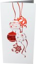  Karácsonyi képeslap - 210x100 mm - oldalra nyitható - csillogó fehér karton domborított és piros prégelt díszekkel, domborítással - betétlap nincs 
 

