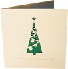 Karácsonyi képeslap - 135x135 mm  -oldalra nyitható - csillogó beige színű kivágott karton, ezüstözött magyar üdvözlő szöveggel - betétlap első oldala a borítón át is látható zöld, belül pedig fehér