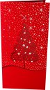 Karácsonyi képeslap - 210x100 mm - oldalra nyitható - piros matt karton, prégelt ezüst mintával, piros lakkozással - beige betétlappal  