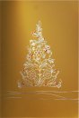 Karácsonyi képeslap - 155x100 mm -oldalra nyitható - arany színű karton, prégelt arany stilizált karácsonyfával, piros díszekkel, belül fehér - betétlap nincs