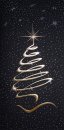 Karácsonyi képeslap - 210x100 mm - oldalra nyitható - sötétkék alapszínű kartonon prégelt aranyozott stilizált karácsonyfa, körülötte prégelt ezüst csillagok és pöttyök -  beige betétlap 