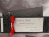   Esküvői meghívó - 265x90 mm - tasak:fekete matt karton, színtelen mintával - betétlap:ezüst gyöngyházfényű karton, mely egy fekete kartonba dugható - piros szaténszalaggal