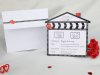  Esküvői meghívó - 160x160 mm - egylapos - ház alakú lap, piros fóliadíszítéssel, fekete nyomtatással - sarkában lévő tűzésnél mozgatható - boríték azonos mintával