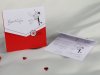  Esküvői meghívó - 170x170 mm - tasak: piros karton, ablakkal, domborított díszítéssel - betétlap - fehér karton, borítékformával, piros-fekete díszítéssel