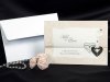  Esküvői meghívó - 190x130 mm - felfelé 3 részre nyitható - szív alakú kivágásnál záródó lap - világosbarna nyomtatással, fekete és ezüst díszítéssel