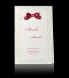    Esküvői meghívó - 110x170 mm - felfelé nyitható - átlásztó borító, csillogó fehér thermoporos díszítéssel, bordó masnival - betétlap fehér