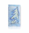 Karácsonyi üdvözlőlap - 100x180 mm - oldalra nyitható - fehér karton, kék mintával - fehér és ezüst thermoporos díszítéssel, 3 gyönggyel - betétlapos