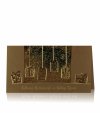 Karácsonyi üdvözlőlap - 180x100 mm - felfelé nyitható - óarany gyöngyházfényű karton - arany és barna fóliadíszítéssel - domborítással