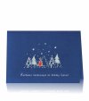 Karácsonyi üdvözlőlap - 150x100 mm - felfelé nyitható - kék gyöngyházfényű karton - piros és ezüst fóliadíszítéssel