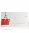 Karácsonyi üdvözlőlap - 180x100 mm - felfelé nyitható - fehér matt karton - piros mintával, ezüst fóliadíszítéssel, domborítással