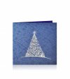 Karácsonyi üdvözlőlap - 135x135 mm - oldalra nyitható - sötétkék gyöngyházfényű karton - ezüst és kék fóliadíszítéssel - színtelen thermoporos mintával