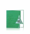 Karácsonyi üdvözlőlap - 135x135 mm - oldalra nyitható - zöld gyöngyházfényű karton - oldalán kivágással - zöld és ezüst fóliadíszítéssel - betétlap: fehér gyöngyházfényű papír