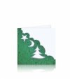 Karácsonyi üdvözlőlap - 135x135 mm - oldalra nyitható - zöld gyöngyházfényű karton - oldalán kivágással, mintás ablakokkal - színtelen thermoporral és ezüst fóliadíszítéssel - betétlap: fehér gyöngyházfényű papír