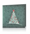 Karácsonyi üdvözlőlap - 135x135 mm - oldalra nyitható - sötétzöld gyöngyházfényű karton - ezüst és piros fóliadíszítéssel - színtelen thermoporos mintával