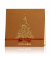 Karácsonyi üdvözlőlap - 135x135 m - felfelé nyitható - réz gyöngyházfényű karton - arany és réz fólianyomással - szaténszalaggal - hajtogatott betétlappal