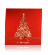 Karácsonyi üdvözlőlap - 135x135 m - felfelé nyitható - kívül piros, belül fehér karton - arany és ezüst fólianyomással - szaténszalaggal - hajtogatott betétlappal