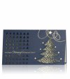 Karácsonyi üdvözlőlap - 180x100 mm - felfelé nyitható - sötétkék gyöngyházfényű karton - arany fóliadíszítéssel, színtelen formalakk mintával - formastancolással - hajtogatott krém színű betétlappal