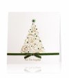 Karácsonyi üdvözlőlap - 135x135 m - felfelé nyitható - fehér gyöngyházfényű karton - arany és zöld fólianyomással - szaténszalaggal - hajtogatott betétlappal