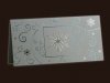 Karácsonyi üdvözlőlap - 210x100 mm - felfelé nyitható - ezüst gyöngyházfényű karton - kékesezüst fóliadíszítéssel - domborítással