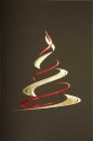 Karácsonyi üdvözlőlap - 100x150 mm - oldalra hajtható - sötétbarna matt karton - arany és piros fóliadíszítéssel, domborítással - betétlapos