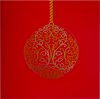 Karácsonyi üdvözlőlap - 135x135 mm - oldalra hajtható - piros matt karton - arany és ezüst fóliadíszítéssel - domborítással - betétlapos