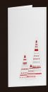 Karácsonyi üdvözlőlap - 100x200 mm - oldalra nyitható - fehér gyöngyházfényű karton - ezüst és piros fóliadíszítéssel