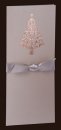  Karácsonyi üdvözlőlap - 95x210 mm - oldalra nyitható - homokszínű gyöngyházfényű karton - elején réz és ezüst fényes fóliadíszítéssel - ezüst szaténszalaggal átköthető