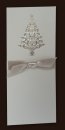  Karácsonyi üdvözlőlap - 95x210 mm - oldalra nyitható - ezüstszínű gyöngyházfényű karton - elején zöld és ezüst fényes fóliadíszítéssel - ezüst szaténszalaggal átköthető