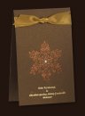    Karácsonyi üdvözlőlap - 100x155 mm - felfelé nyitható - barna gyöngyházfényű karton - fényes réz fóliadíszítéssel - gyönggyel és arany szaténszalaggal