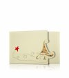    Karácsonyi üdvözlőlap - 155x105mm - oldalra hajtható - krémszínű gyöngyházfényű karton - oldalán formakivágással, arany és piros fólianyomással, domborítással - CSAK A KÉSZLET EREJÉIG