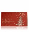  Karácsonyi üdvözlőlap - 180x100 mm - felfelé hajtható - piros gyöngyházfényű karton, fenyőfamintás kivágással - színtelen termodszítéssel, aranyozással - betétlapos