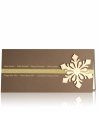  Karácsonyi üdvözlőlap - 180x100 mm - felfelé nyitható - barna karton - aranyozással, aranyszínű szalaggal - fából kivágott hópehellyel - betétlapos