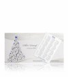   Karácsonyi üdvözlőlap - 195x100 mm - egylapos - fehér gyöngyházfényű karton - ezüst, kék és fehér fóliadíszítéssel - ajándék kicsi naptárral, mely ráragasztható