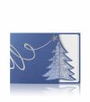     Karácsonyi üdvözlőlap - 150x105 mm - oldalra nyitható - kék gyöngyházfényű karton - oldalán fenyőfakivágással, stancolással - ezüstözéssel, domborítással - betétlapos