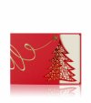     Karácsonyi üdvözlőlap - 150x105 mm - oldalra - piros matt karton - oldalán fenyőfakivágással, stancolással - aranyozással, domborítással - betétlapos