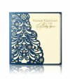  Karácsonyi üdvözlőlap - 135x135 mm - oldalra nyitható - kékgyöngyházfényű karton - oldalán díszes kivágással, stancolással - aranyozott hópelyhekkel - betétlap: krémszínű gyöngyházfényű papír