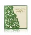 Karácsonyi üdvözlőlap - 135x135 mm - oldalra nyitható - zöld gyöngyházfényű karton - oldalán díszes kivágással, stancolással - aranyozott hópelyhekkel - betétlap: krémszínű gyöngyházfényű papír