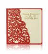 Karácsonyi üdvözlőlap - 135x135 mm - oldalra nyitható - matt piros karton - oldalán díszes kivágással, stancolással - aranyozott hópelyhekkel - betétlap: krémszínű gyöngyházfényű papír 
