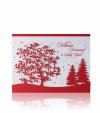  Karácsonyi üdvözlőlap - 145x110 mm - felfelé nyitható - borító: piros matt karton, fenyőfa kivágással - betétlap: fehér gyöngyházfényű lap, piros hóeséssel, kihajtható