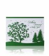   Karácsonyi üdvözlőlap - 145x110 mm - felfelé nyitható - borító: zöld gyöngyházfényű karton, fenyőfa kivágással - betétlap: fehér gyöngyházfényű lap, zöld hóeséssel, kihajtható