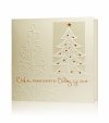   Karácsonyi üdvözlőlap - 135x135 mm - oldalra nyitható - krémszínű gyöngyházfényű karton - matt fehér és fényes réz fólianyomással, fehér thermoporos díszítéssel - betétlapos